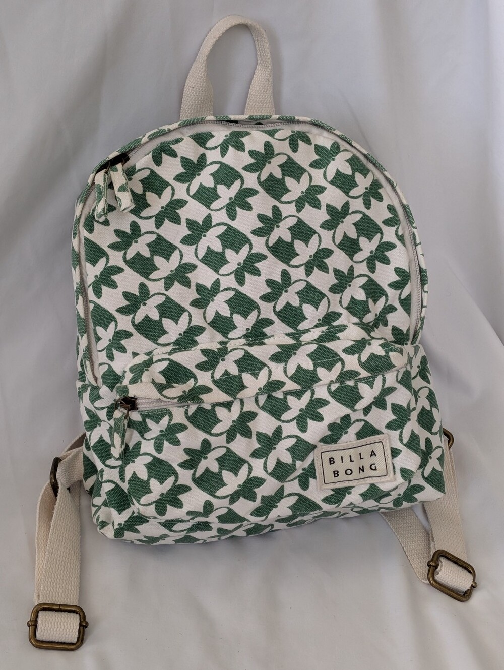 Billabong Mini Mama Green & White Geometric Floral Print Canvas Backpack Purse